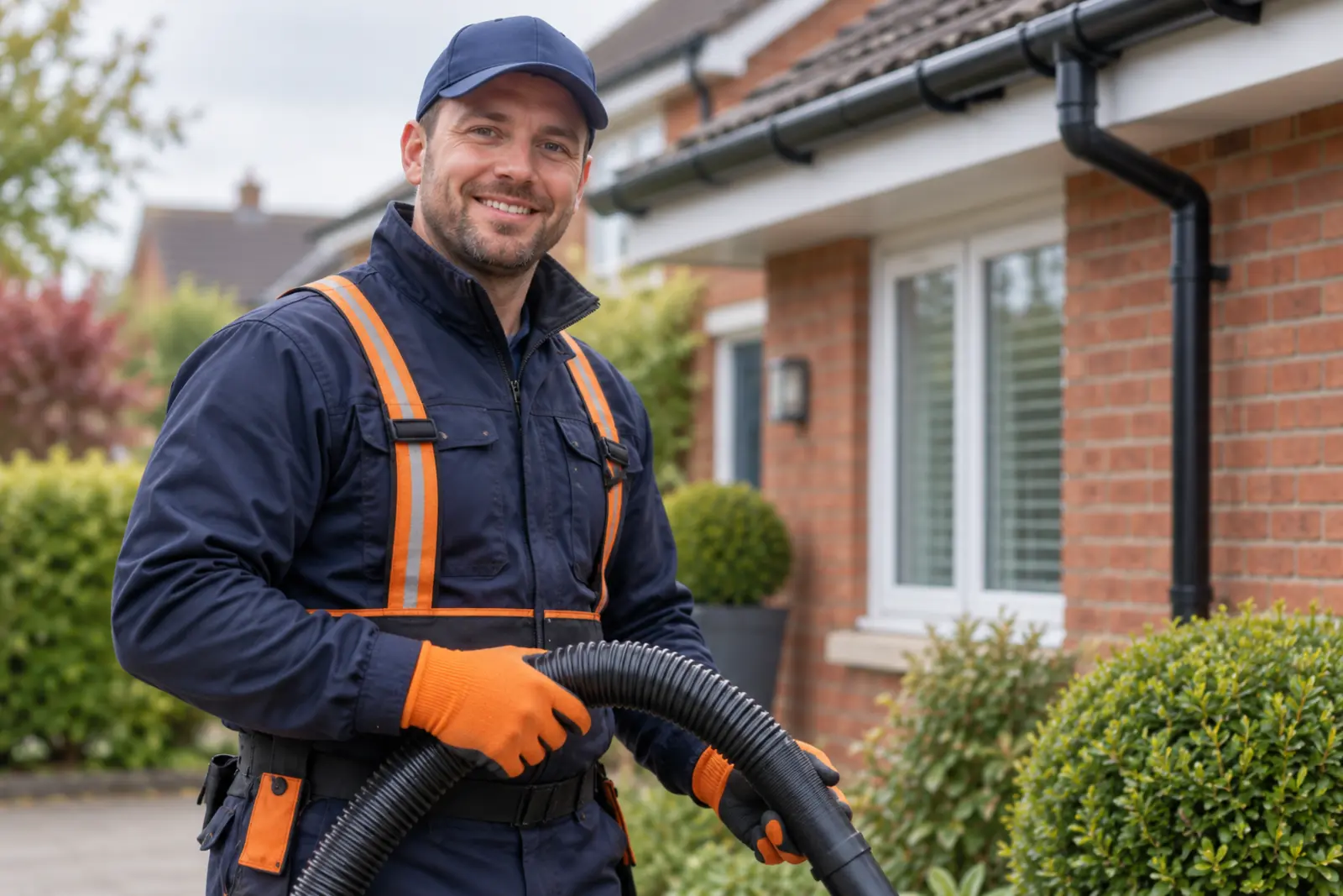 A smiling guttering contractor in navy and orange workwear outside a red-brick home